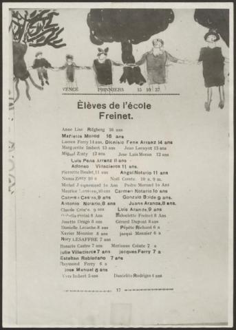 Vicenta et des enfants (photo 1937) et liste des enfants à l'école Freinet