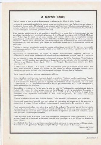 Hommage de Maurice Pigeon à Marcel Gouzil (journal juillet 1973)