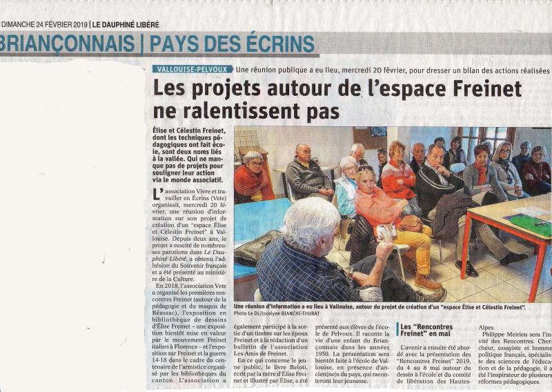Espace Freinet Vallouise : article du Dauphiné Libéré du 24 février 2019